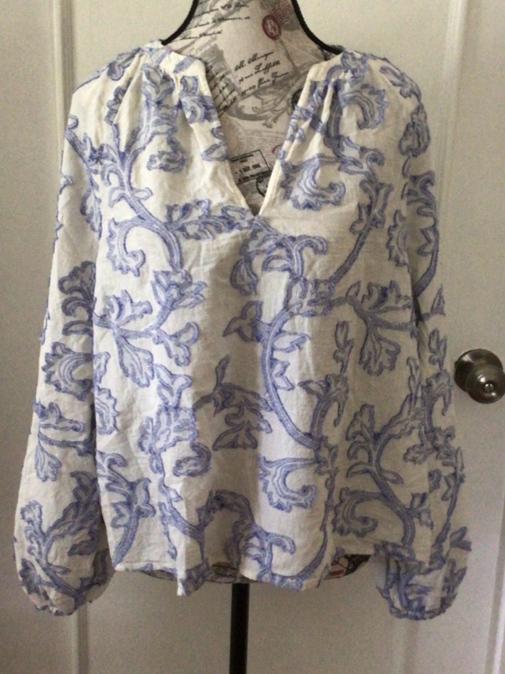 LOFT White V-Neck Tunic with Blue Scroll Print